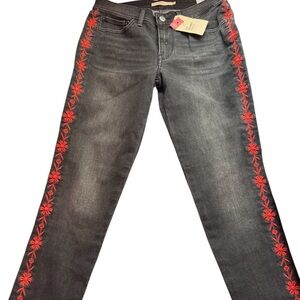 Levi's Black Jeans with Red Floral Embroidery